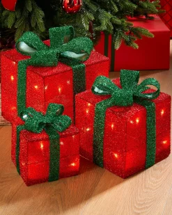 WeRChristmas Set Of 3 Pre-Lit Gift Box Silhouettes 50 LED , Red