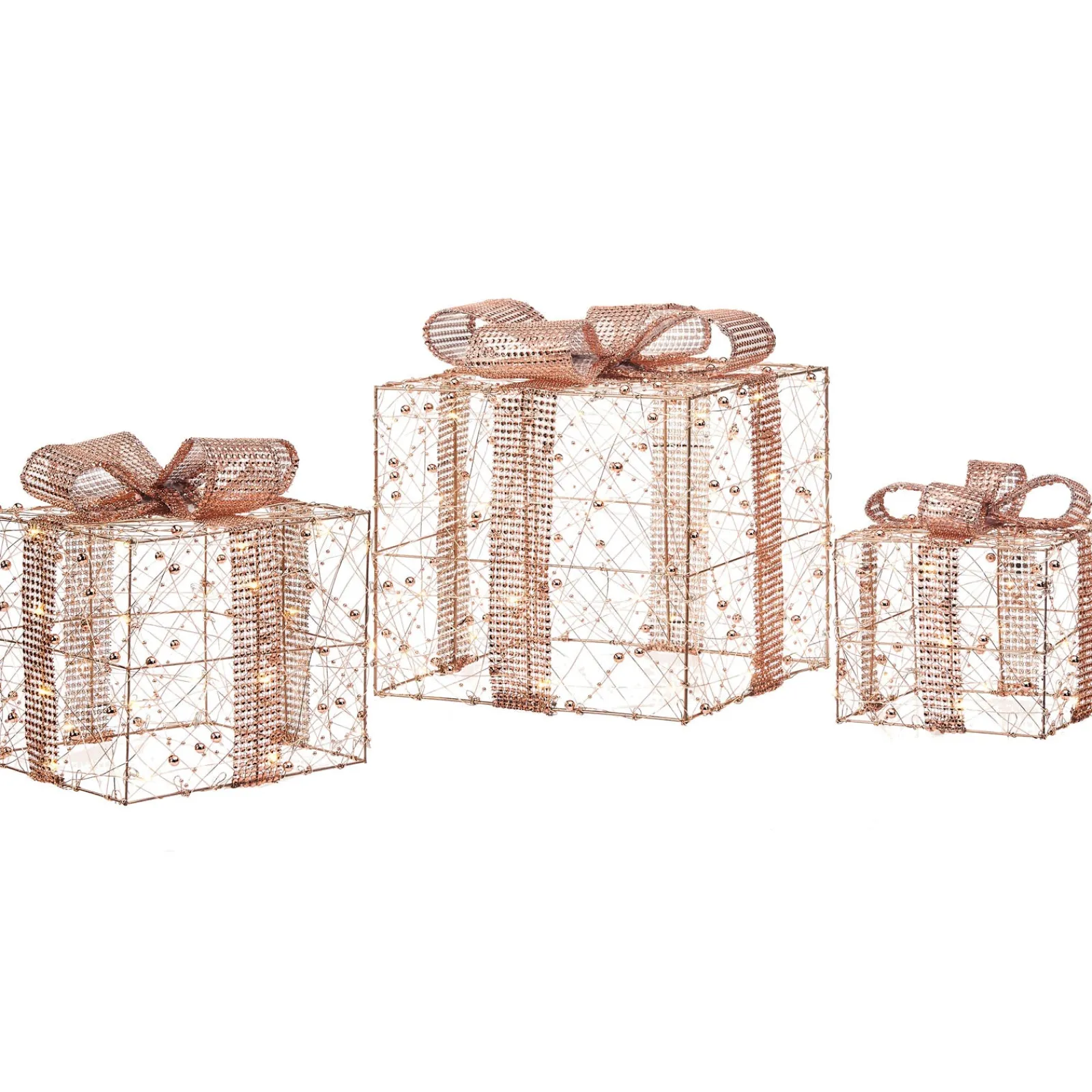 WeRChristmas Set Of 3 Pre-Lit Gift Boxes, Rose Gold, 40 Cm