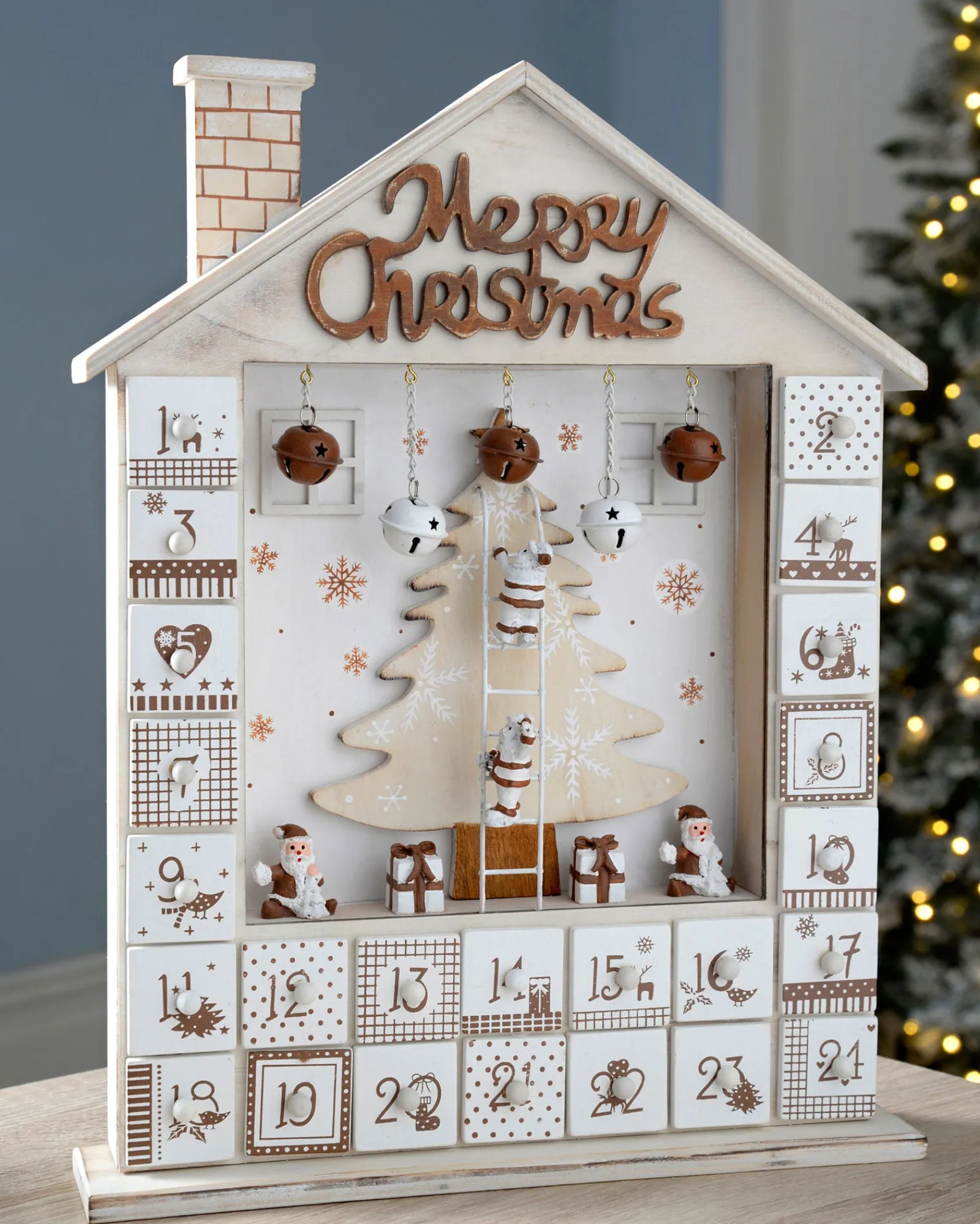 WeRChristmas Wooden House Advent Calendar Christmas Decoration, 37cm, Beige